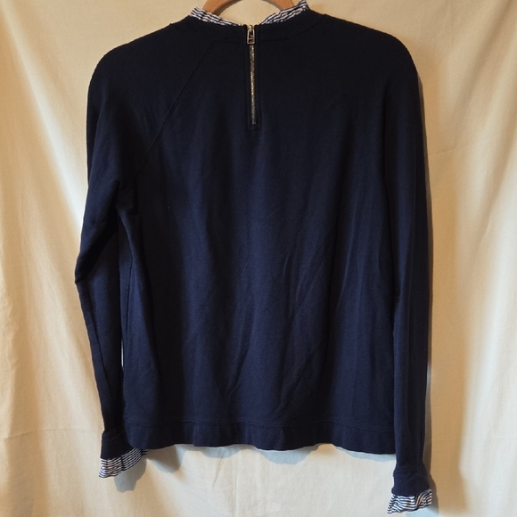 Carolina Belle Navy Top with Blue Striped Ruffled Sleeve And Collar Womens Small - Picture 7 of 9